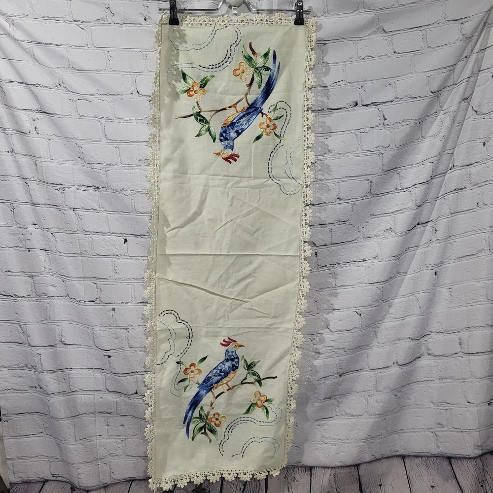 Embroidered Bird Table Runner with Lace Trim